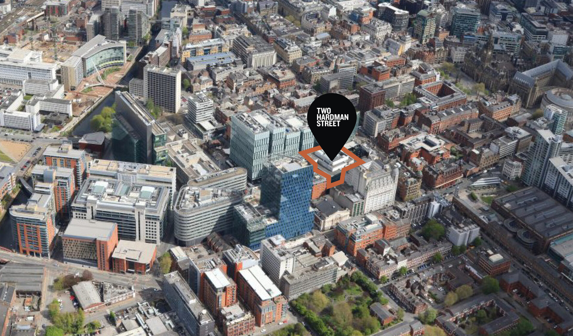 Aerial photo showing 2 Hardman Street location